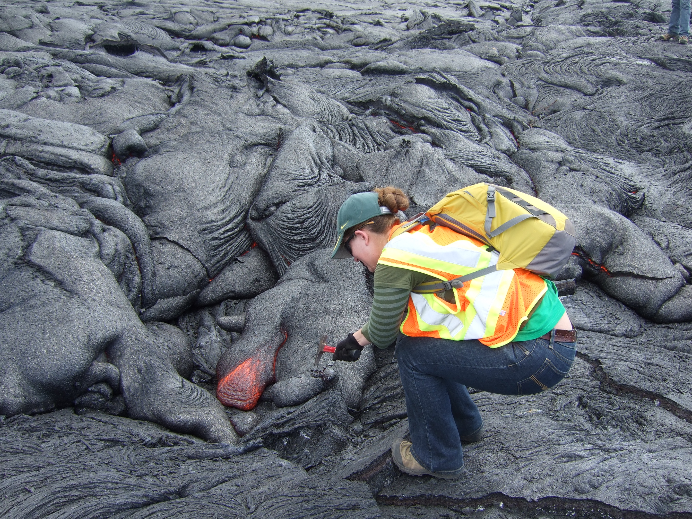 Sampling a lava flow